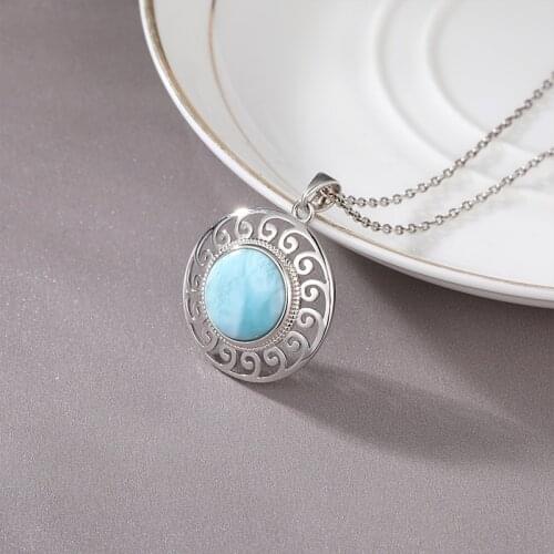 Sunflower Retro Plated Gold 925 Sterling Silver Pendant Necklace Natural Precious Dominica Larimar Jewelry Gifts for Woman