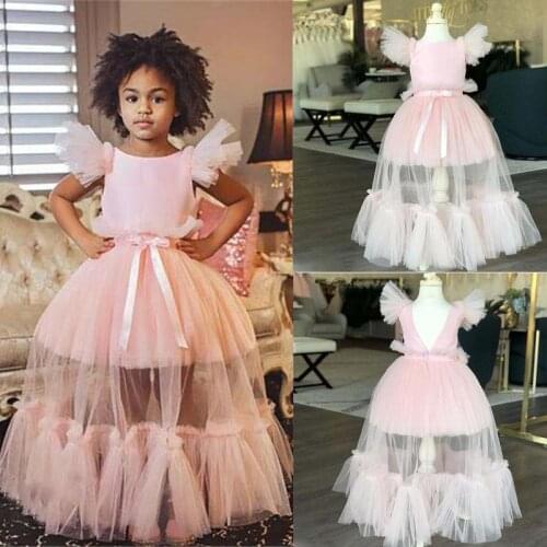 Pink Flower Girl Dresses With Removable Skirt Birthday Party Gown For Girls Graduation Detachable Kids Dresses