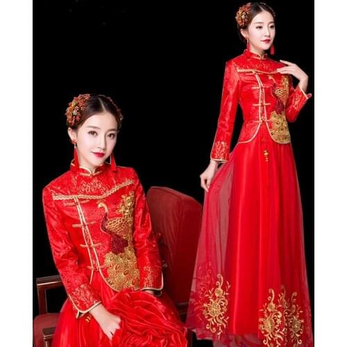 Traditional Chinese Wedding Gown 2019 Women Modern Chinese Dress Long Sleeve Embroidery Maxi Red Cheongsam Wedding Dress AA4457