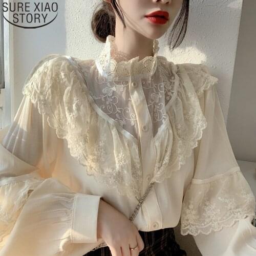 Vintage Lace Blouse Women Sweet Shirts Fashion Stand Collat Ladies Tops Autumn Blouses Korean Loose Clothes Ruffled Shirt 11335