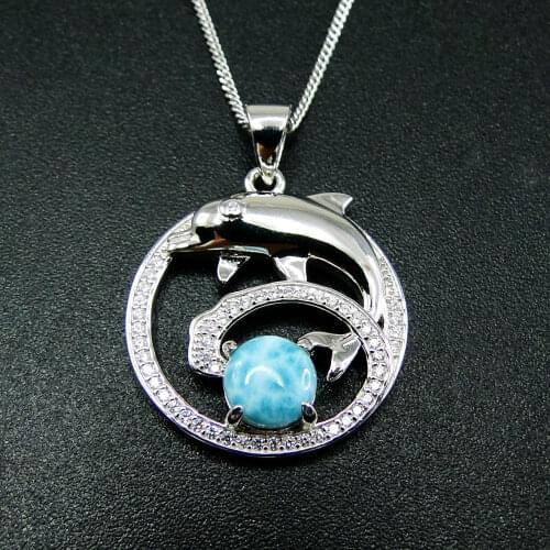 High Quality 925 Sterling Silver Blue Natural Dominica Larimar Dolphin Womens Pendant Necklace For Gift
