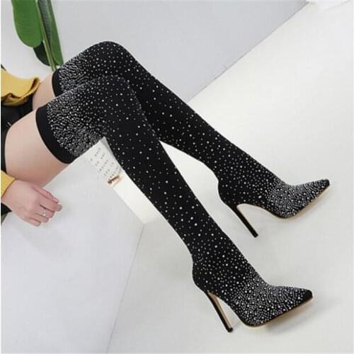 New Fashion Runway Crystal Stretch Fabric Sock Boots Pointy Toe Over-the-Knee Heel Thigh High Pointed Toe Woman Boot