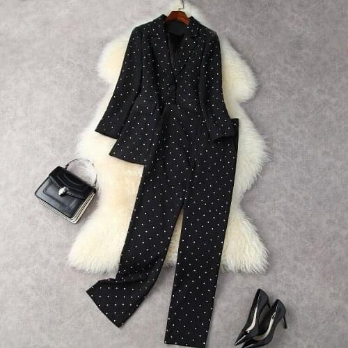 European and American womens autumn 2021 new Long sleeve ironed diamond coat Black pants Fashion suits