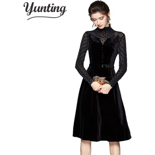 2021 High-end Custom Fashion runway Dress Long sleeve high-waisted lace patchwork velvet dresses