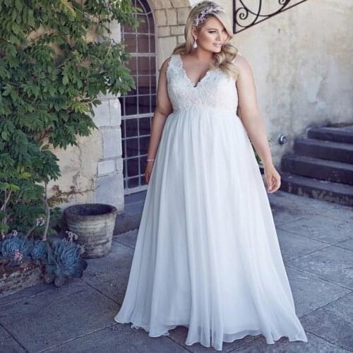 V-neck Sleeveless Wedding Dress Plus Size Elegant A-line Appliqued Robe de Mariage 2020 Vestidos de novia Chiffon Bridal Gown