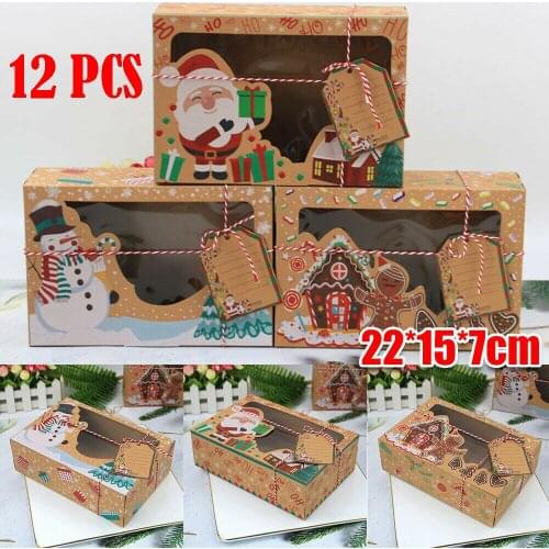 12Pcs Christmas Cookie Box Kraft Paper Candy Gift Boxes Bags Food Packaging Box Christmas Party Kids Gift New Year Navidad 2021