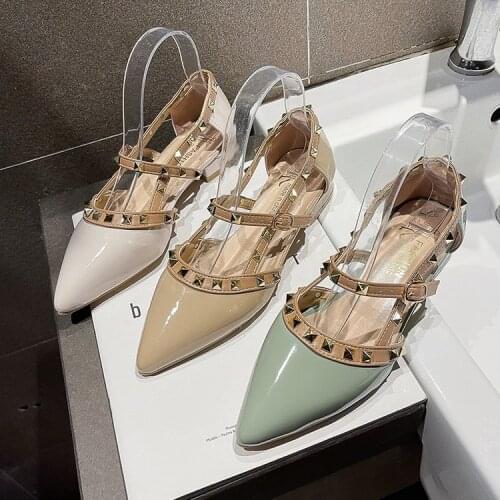 2021 Brand Womens Shoes Pointed Toe Low Heels Sandals Women Fashion Rivet Causal Dress Shoes Woman Elegant Thick Heels Shoe