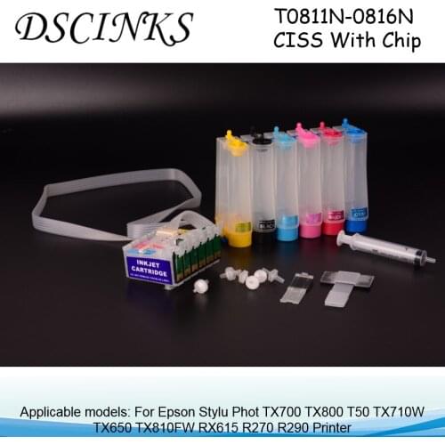 6 color Ciss For Epson T0811N-0816N With Chip For Epson Stylu Phot TX700 TX800 T50 TX710W TX650 TX810FW RX615 R270 R290 Printer