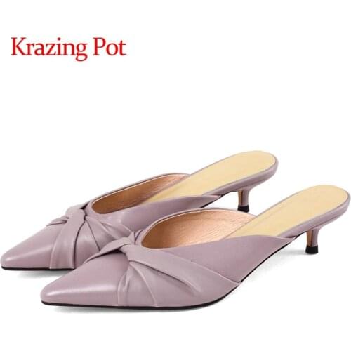 Krazing pot genuine leather pointed toe med heels pleated young lady sweet Korean girl slip on summer mules sandals women L56