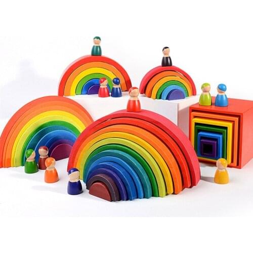 Dropshipping 12Pcs Rainbow Blocks Semicircle Pegdolls Wooden Toys For Child Balls Cover Box Kids Toys Educational Gift
