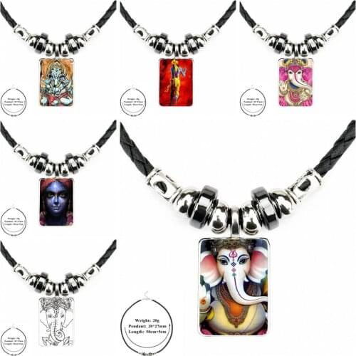 EJ Glaze Glass Cabochon Anime Jewelry Black Leather Bead Pendant Necklace For Unisex Party Gift 2018 Lord Ganesha Buddha