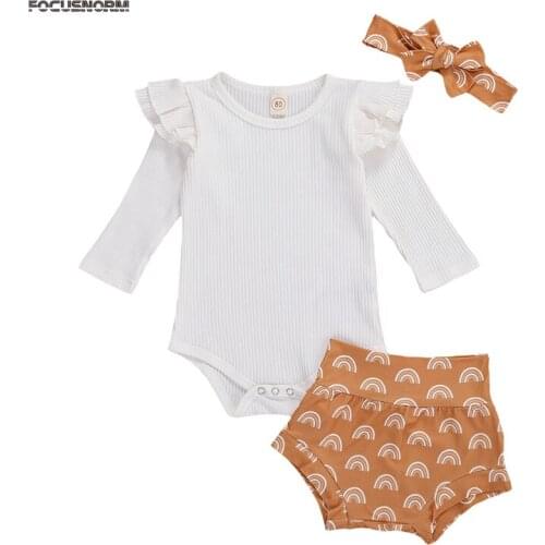 FOCUSNORM 0-18M Autumn Kids Girls Boys Clothes Sets Long Sleeve Knit Solid Romper Rainbow Shorts Headband