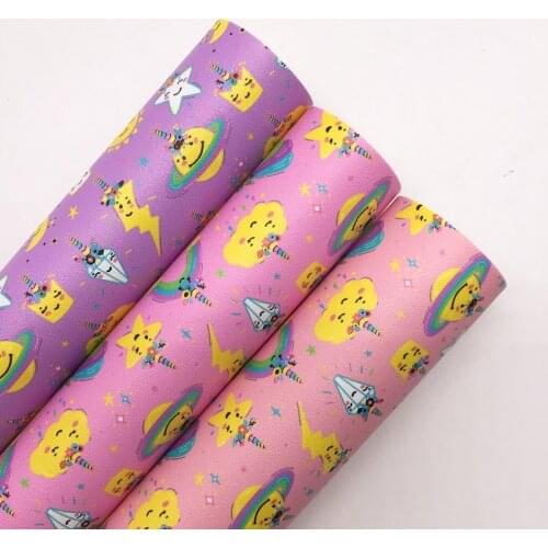LEOsyntheticoDIY Unicorn Sun Stars Printed Synthetic Faux Leather Vinyl Fabric Sheets Felt backing For DIY Bows 21X29CM R170