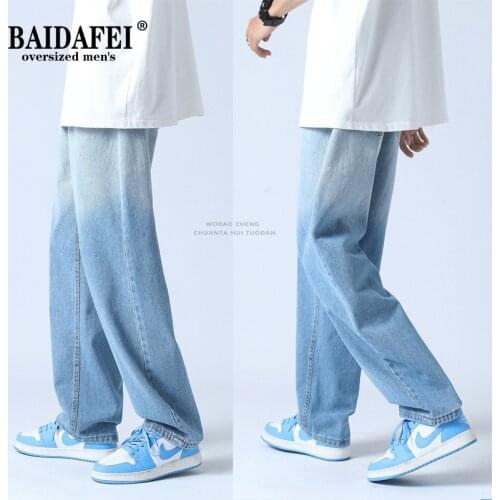 2021 New Mens Gradient Jeans Spring and Autumn Trendy Straight Trousers Youth Loose Harajuku Style Casual Pants Mens Pants