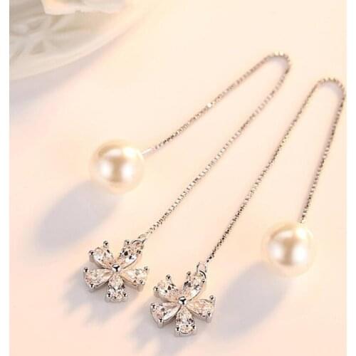 KOFSAC New Fashion 925 Silver Earrings For Women Jewelry Shiny Crystal Flower Pearl Ear Line Earring Girl Engagement Accessories