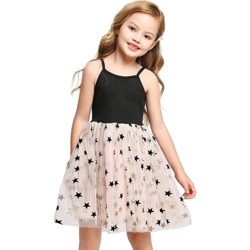 Star Sequined Girls Dress Sleeveless Tulle Summer Causual Tutu Dress for Girl Gold Black Pentagram Clothes Kids Princess Vestido