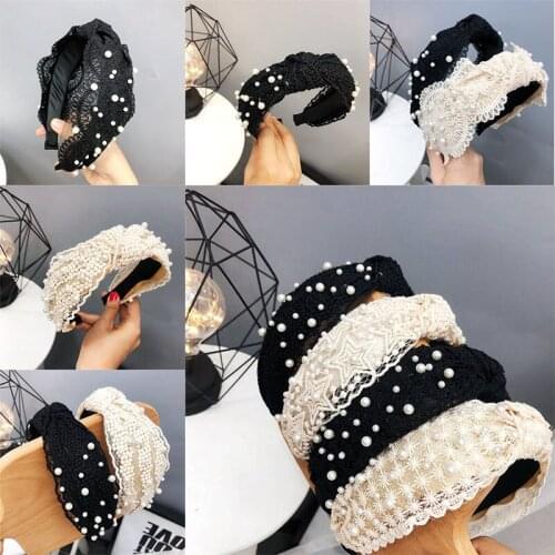 White Black Lace Headband Women Artificial Pearls Hair Accessories Wholesale Pearl Hairband Fashion Girls Hoop Middle Knot Hair