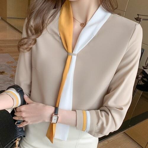 Chemisier Femme V-Neck Chiffon Blouse Contrast Color Long Sleeve Women Shirt 2021 Pullover Autumn Tops Office Lady Woman Clothes