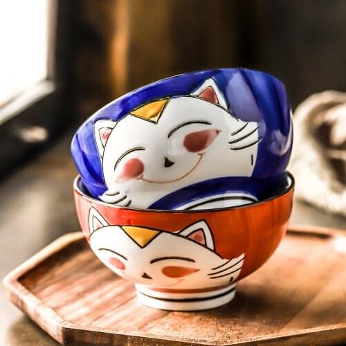 2-piece Cartoon Cat Bowl Ceramic Rice Bowl Cute Kitten Design Salad Bowl Maneki Neko Gift Household Dinnerware 4.5 inch