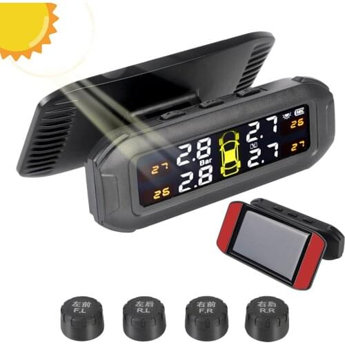 Solar TPMS Tire Pressure Monitoring System With 4 External Sensors Car Tyre Pressure Monitor Temperature Warning Fuel Save