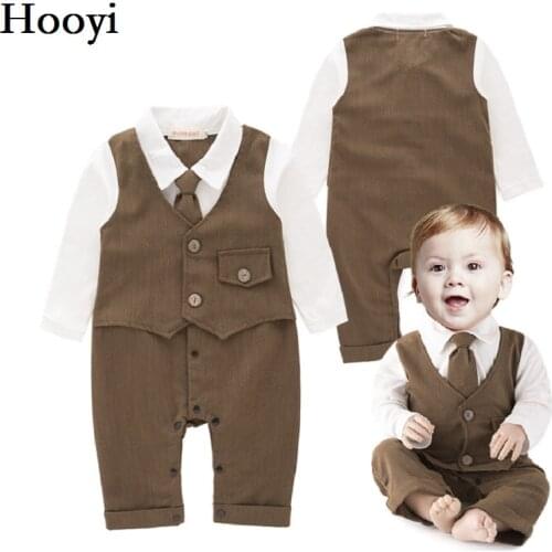 2018 Spring Long Sleeve Baby boys clothes Tie Handsome Baby Rompers Beige Fashion Infant Tuxedo Party Costumes Top Quality