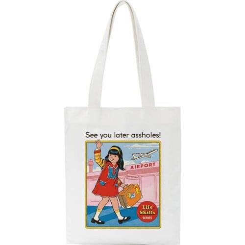 See You Later Assholes Pattern Print Vintage Harajuku casual female canvas shoulder bag fun cartoon summer Ulzzang Shopping bags