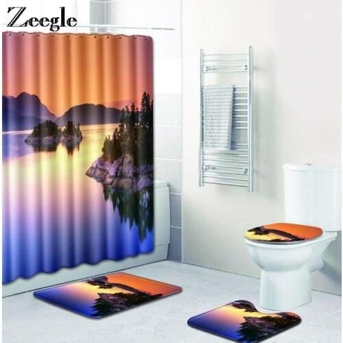 Zeegle Bath Mat and Shower Curtain Set Anti Slip Bathroom Shower Mat Absorbent Toilet Pedestal Rug Flannel Soft Toilet Set
