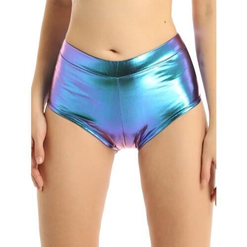 Women Shiny Patent Leather Pole Dance Shorts Metallic Hot Rave Pants Elastic Waistband Short Trousers for Stage Performance