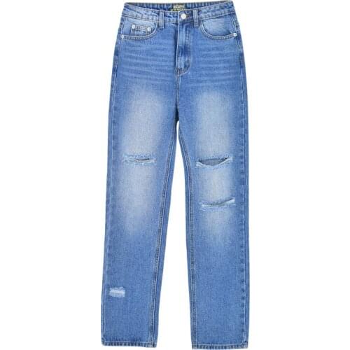 2021 Autumn 100% Cotton hole loose straight-leg jeans for women NEW retro fashion wide-leg denim pants draped mopping jeans K877