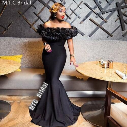 Sexy Black Long Mermaid African Prom Dresses Organza Ruffles Satin Formal Dress Black Girl Graduation Gown For Wedding Party