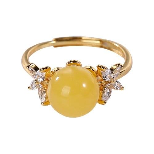 S925 sterling silver gold-plated natural amber ring personality and fashion butterfly Womens Open ring