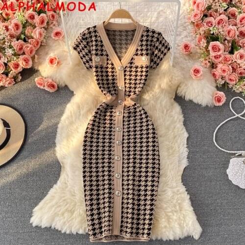ALPHALMODA Chic Summer Elegant V-neck Elegant Knit Dress Single Breasted Lattice Knitted Elastic Dress for Women