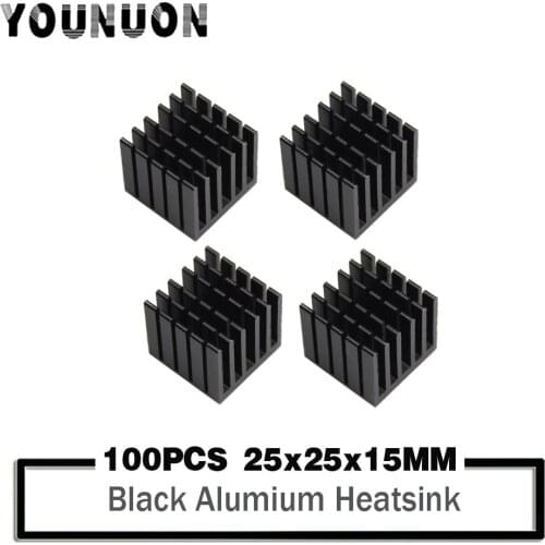 100Pcs YOUNUON Black 25x25x15mm Aluminum Heatsink for Chip CPU GPU VGA RAM IC LED Heat Sink Radiator Cooling with 3M Tape