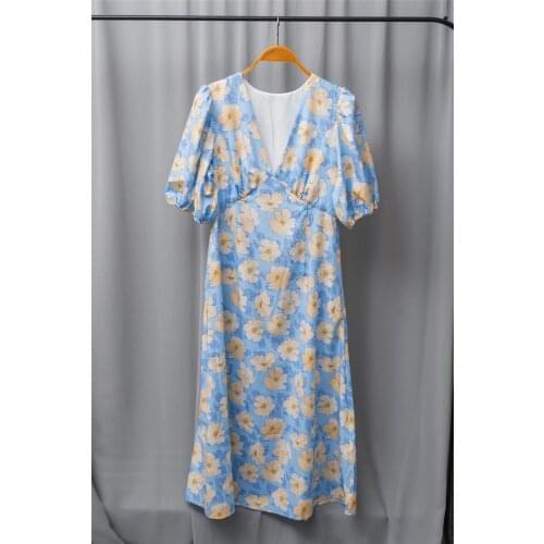 2021 Summer Dress for Women V-Neck Short Lantern Sleeve Floral Dress Ladies Long Dresses Midi Robes
