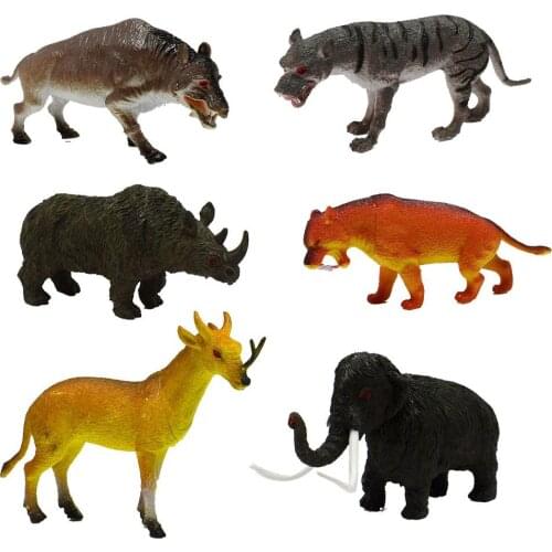 6Pcs Simulation Mammoth Saber Tooth Tiger Rhinoceros Prehistoric Animal Model Toy Action Figures Miniature Education Toys