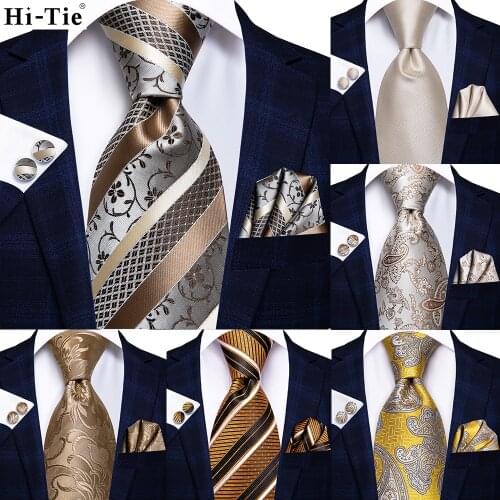 Hi-Tie champagne Mint Gold Paisley Solid Men Silk Wedding Tie Fashion Design Gift Necktie For Men Hanky Cufflink Business Party