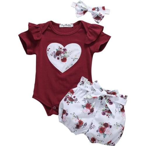 New Baby Girls Kid Clothes Romper Jumpsuit Tops + Flowers Shorts + Headband 3PCS Outfits Set