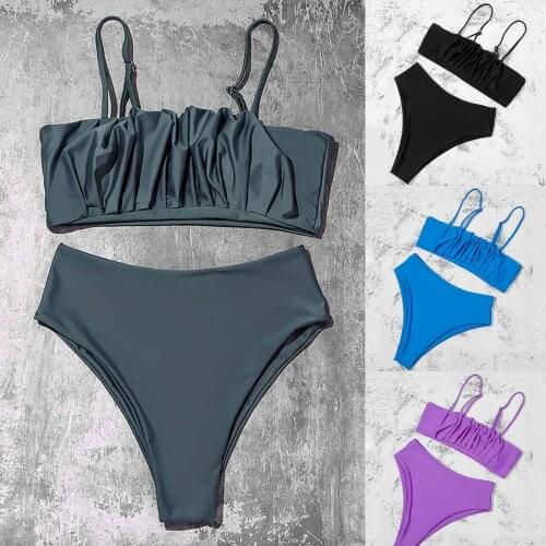 Pure color pleated bikini European and American sexy high waist womens split two piece swimsuit weight loss sports swimming