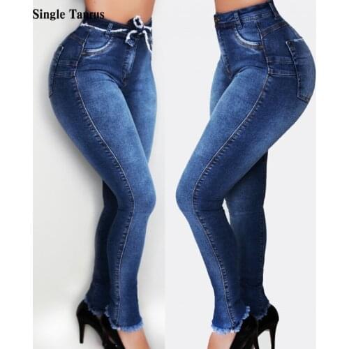 Fashion Butt Shaping Jeans Women Streetwear Slim Skinny Distressed Jeans High Waist Elasticity Pencil Pants Denim Pants Trousers