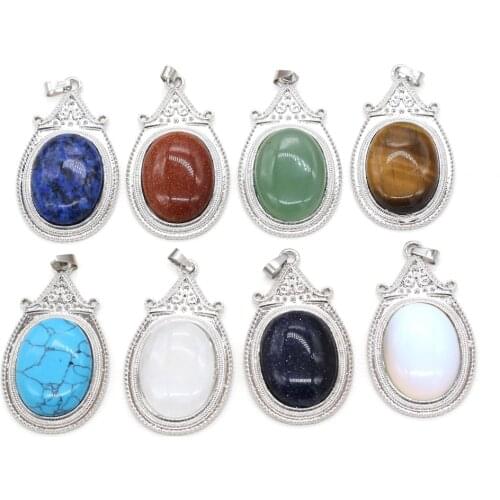 Natural Tiger Eye Opal Lazuli Turquoises Pendant Alloy Charm Crystal Boho Style Pendants for Jewelry Making DIY Necklace 32x57mm