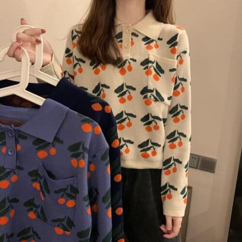 Autumn New Womens Knitwear Sweet And Cute Polo Collar Button Half Open Collar Small Orange Print Top Sweater