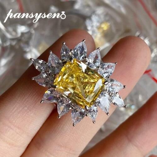 PANSYSEN High Quality 100% 925 Sterling Silver Citrine Simulated Moissanite Gemstone Ring Luxury Women Fine Jewelry Wholesale