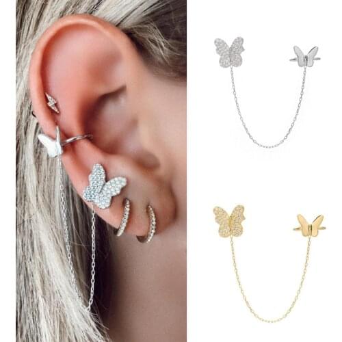 Stunning 18K Gold Filled Cubic Zircon Stud Earrings Korean ins Hip Hop Butterfly CZ Chain Cuff Earrings For Women Fashion Gift