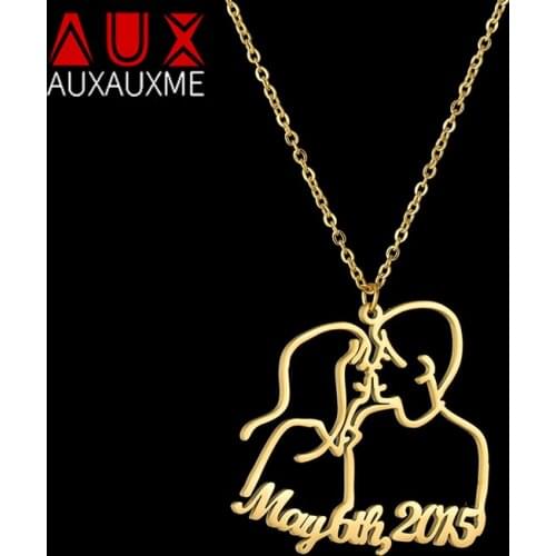 Auxauxme Custom Couple Name Necklace Stainless Steel Personalized Drawing Name Date Pendant Necklace Anniversary Wedding Gifts