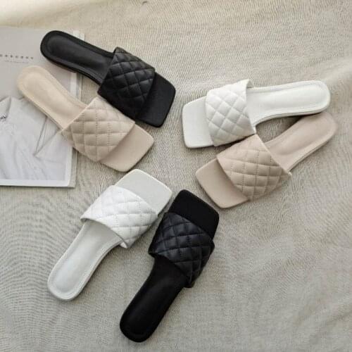 Leather Slippers Women Luxury Designer Ladies Shoes Square Toe Chaussures Femme New Styles Sandals 2020 Flat Summer Shoes Woman