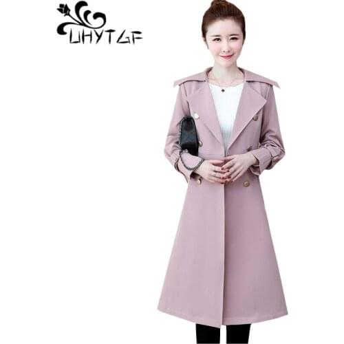 UHYTGF trench coat for women Fashion double-breasted spring autumn coats female loose 4XL plus size tops long Windbreaker 1113