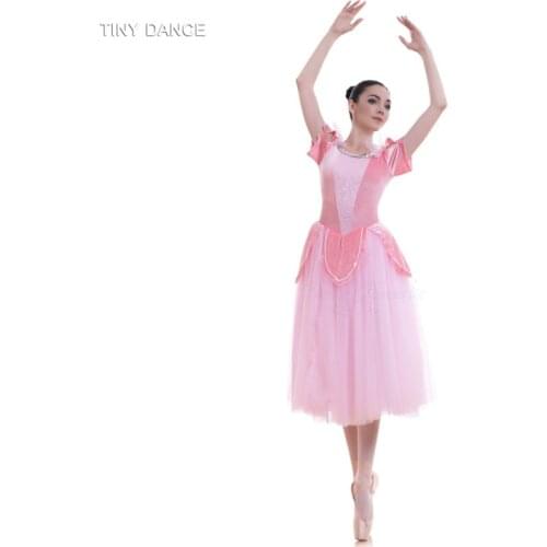 Candy Pink Short Sleeve Romantic Ballet Dance Tutu Long Ballerina Dress Velvet Bodice with Soft Tulle Tutus 18701