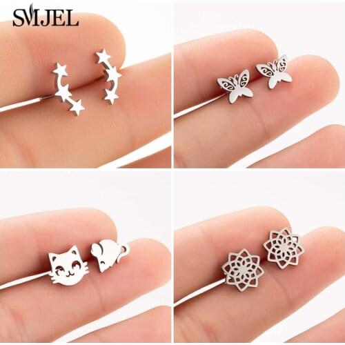 SMJEL Stainless Steel Star Butterfly Mouse Cat Flower Punk Earrings For Women Small Earring Minimalism Ear Studs Female
