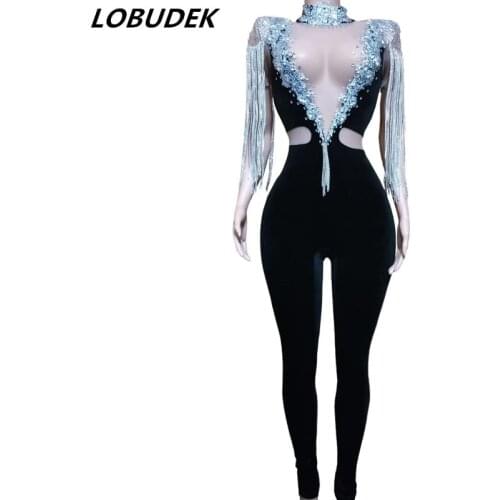 Women Mesh Black Velvet Rhinestones Tassel Jumpsuit Fashion Birthday Celebrate Prom Party Outfit Singer Dancer Stage Costume