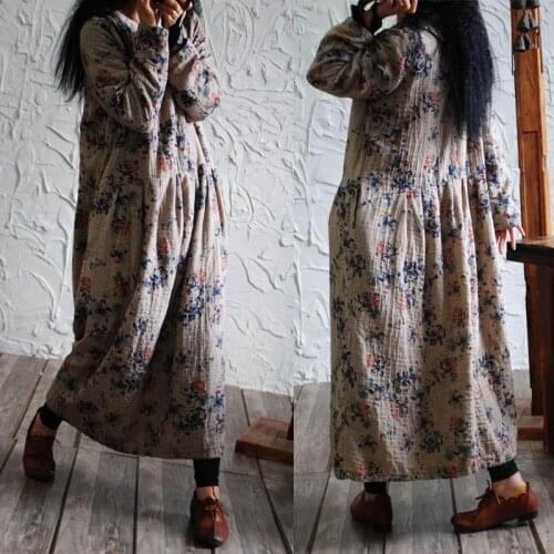 New 2020 Spring Spring Floral Pint Women Dresses Ankle-length Long Sleeve Casual Dress O-Neck Pleated Cotton Linen Dress Vestido